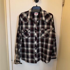Roper Women’s Black & White Plaid Western Snap Shirt with Red Accents